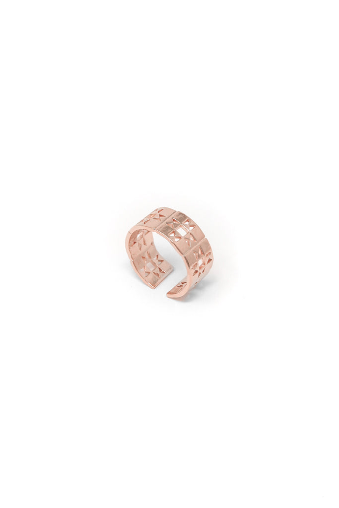 Patchwork ring band in 14k rose gold. Adjustable ring band with quilt patchwork design. Handmade by local jewelry designer, Nina Berenato, in Austin, Texas.