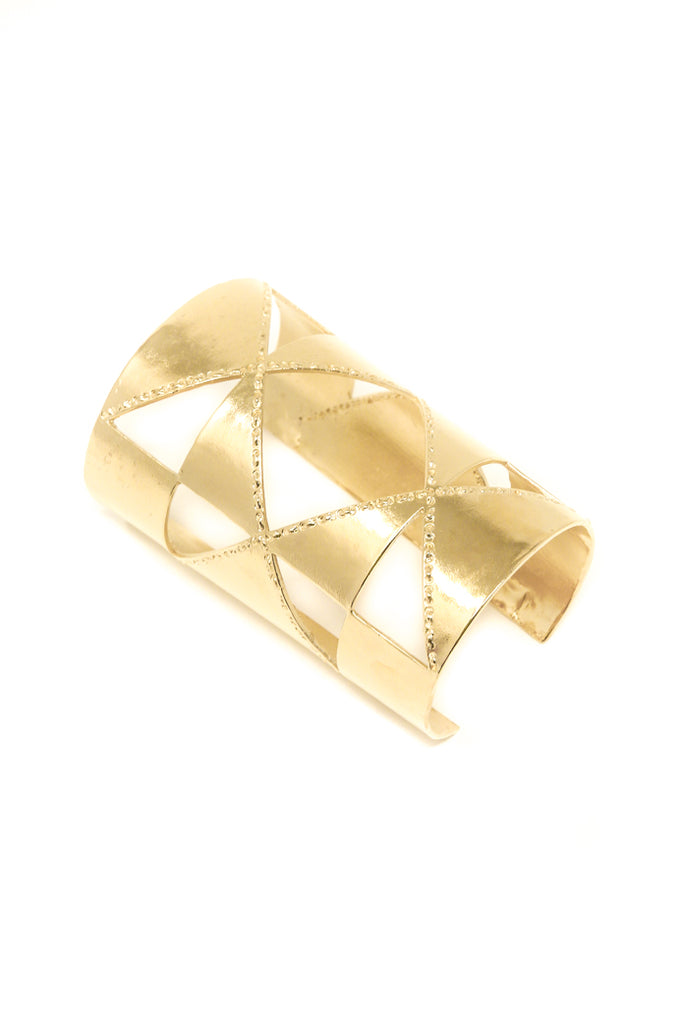 Oberlin square cuff in 14k yellow gold. Large statement cuff with oberlin square design. Handmade by local jewelry designer, Nina Berenato, in Austin, Texas.