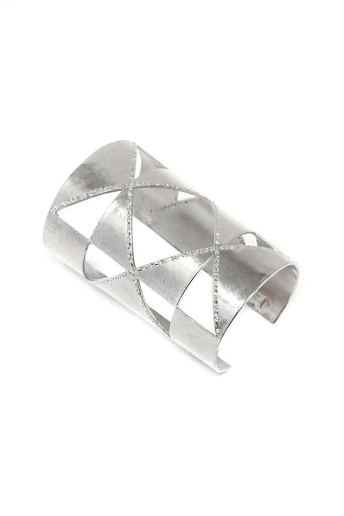 Oberlin square cuff in 14k white gold. Large statement cuff with oberlin square design. Handmade by local jewelry designer, Nina Berenato, in Austin, Texas.