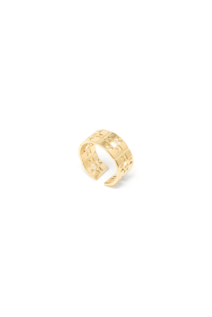 Patchwork ring band in 14k yellow gold. Adjustable ring band with quilt patchwork design. Handmade by local jewelry designer, Nina Berenato, in Austin, Texas.